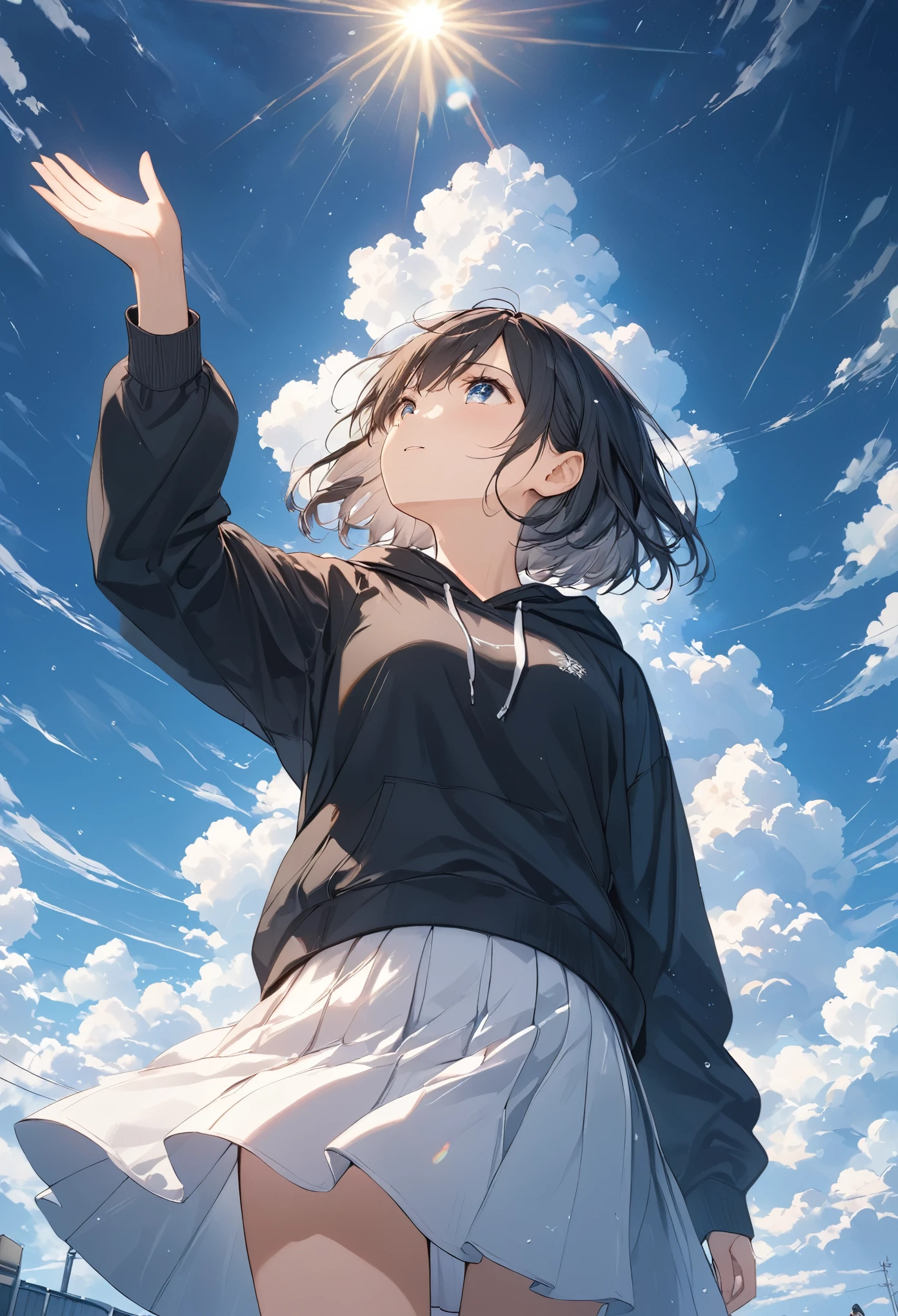 anime、((Amazingly absurd)),(masterpiece:1.2),超High resolution, Attention to detail, high quality, High resolution, 最high quality, 4K, 8k、Crying girl、A girl looking up at the sky and raising one hand to the sky、Dark sky with thick clouds、The sunshine shining through the dark clouds after a heavy rain、Hope is the theme、Composition looking up from below、short hair、Black Hair、Black hoodie、White Skirt