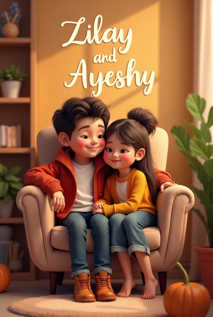 Create dp for watsapp a boy and girl setting a chair together and write name in wall Zillay.Ayeshy