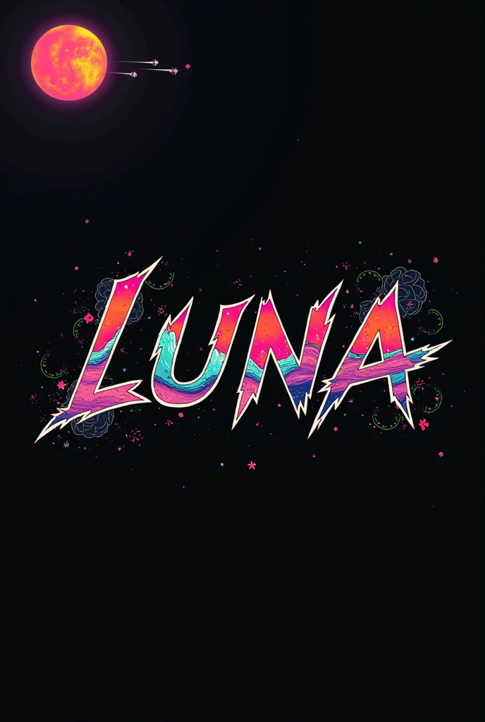 High resolution, logo spelling swiftly “Luna” cool, Jdm theme, anime theme, Cyberpunk vibe name spelling, brand logo, logo for tshirt, brand logo “LUNA”, neon vibes, acid trip vibes, acid trip, shooting stars, acid trip inside “LUNA”, acid trip, hallucinations inside “LUNA”, Waves of hallucinations, purple, techno hallucinations inside “LUNA”, Acid trip hallucinations inside “LUNA” , Waves of hallucinations inside “LUNA, splash, black roses with green leaves, blood moon, horror, iceberg, 