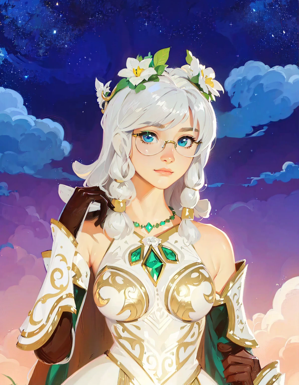 ((Best Quality, 8K, Masterpiece: 1.3)), best quality, ultra high res, texture, hyper realistic, masterpiece, detailed texture, detailed face, detailed skin, detailed lighting, (photorealistic:1.5), best quality, beautiful lighting, cinematic lighting, professional lighting, ultra highres, realistic, a girl in a white dress holding a sword and a sword, the goddess artemis smirking, lady palutena, wearing one pair of glasses, portrait knights of zodiac girl, alluring elf princess knight, beautiful celestial mage, fey queen of the summer forest, female earth mage, cotton cloud mage robes, palutena, goddess of nature, goddess of summer, goddess of wisdom, elf princess knight