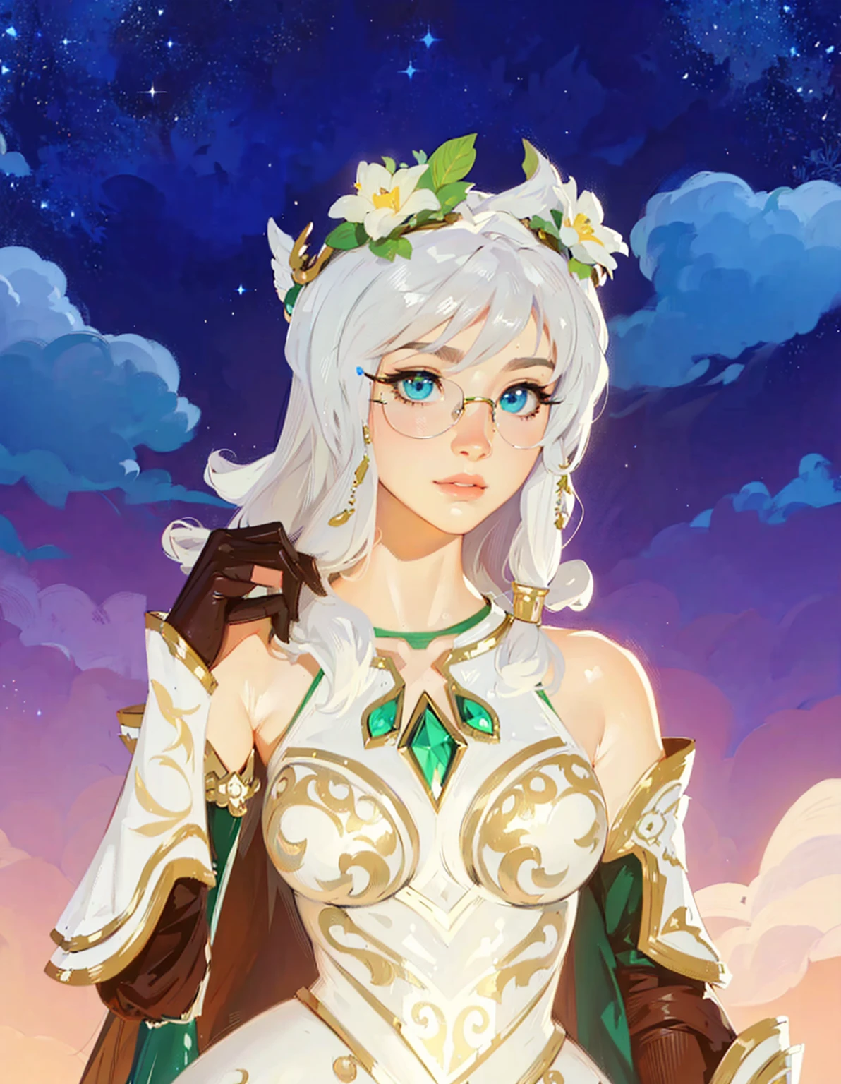 ((Best Quality, 8K, Masterpiece: 1.3)), best quality, ultra high res, texture, hyper realistic, masterpiece, detailed texture, detailed face, detailed skin, detailed lighting, (photorealistic:1.5), best quality, beautiful lighting, cinematic lighting, professional lighting, ultra highres, realistic, a girl in a white dress holding a sword and a sword, the goddess artemis smirking, lady palutena, wearing one pair of glasses, portrait knights of zodiac girl, alluring elf princess knight, beautiful celestial mage, fey queen of the summer forest, female earth mage, cotton cloud mage robes, palutena, goddess of nature, goddess of summer, goddess of wisdom, elf princess knight