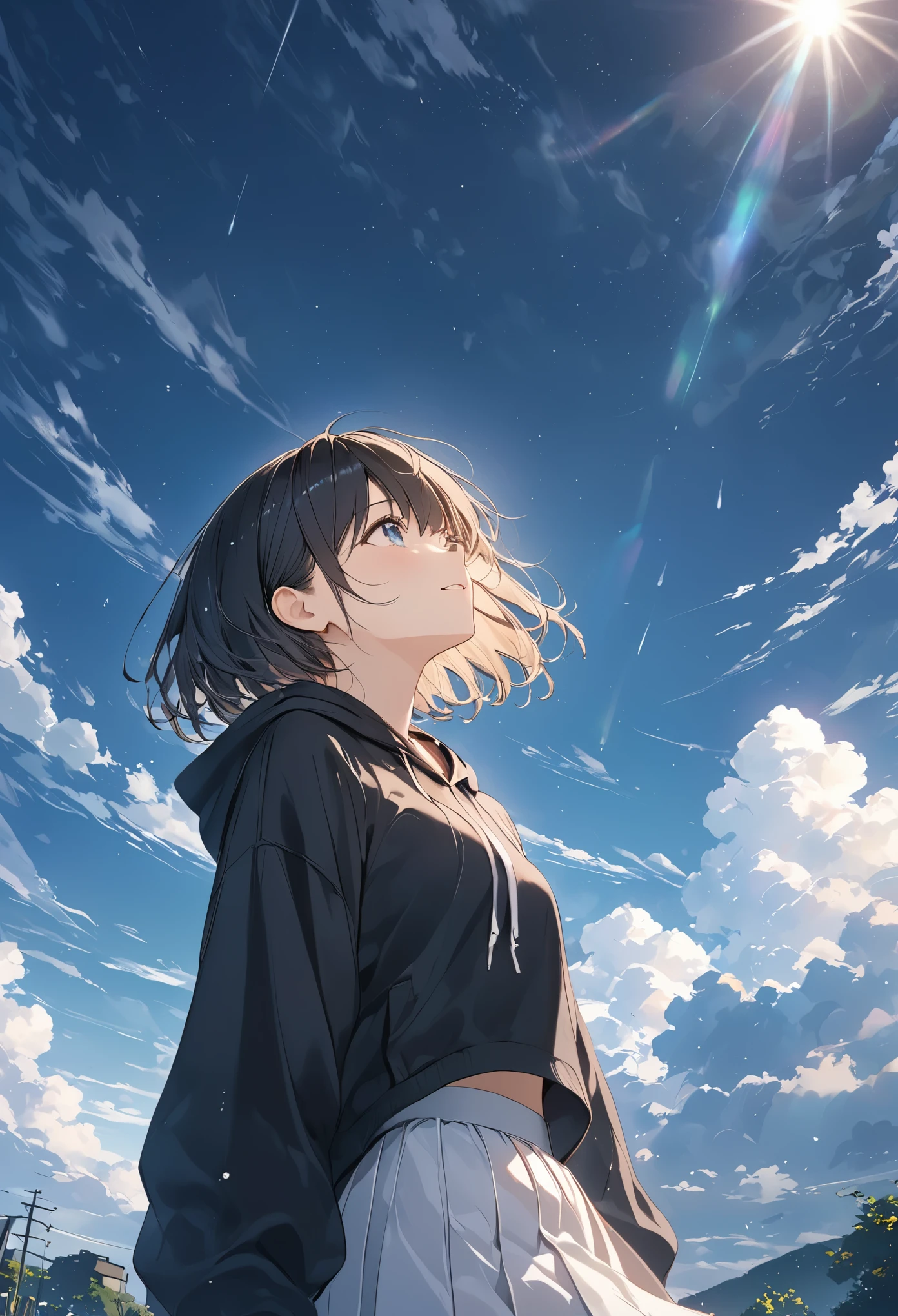 anime、((Amazingly absurd)),(masterpiece:1.2),超High resolution, Attention to detail, high quality, High resolution, 最high quality, 4K, 8k、Crying girl、A girl looking up at the sky and raising one hand to the sky、Dark sky with thick clouds、The sunshine shining through the dark clouds after a heavy rain、Hope is the theme、Composition looking up from below、short hair、Black Hair、Black hoodie、White Skirt