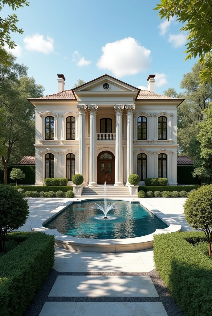 A 650m² multi-million dollar mansion with a lush garden, classical architecture, A fountain, three floors, a sports court, a swimming pool and noble colors