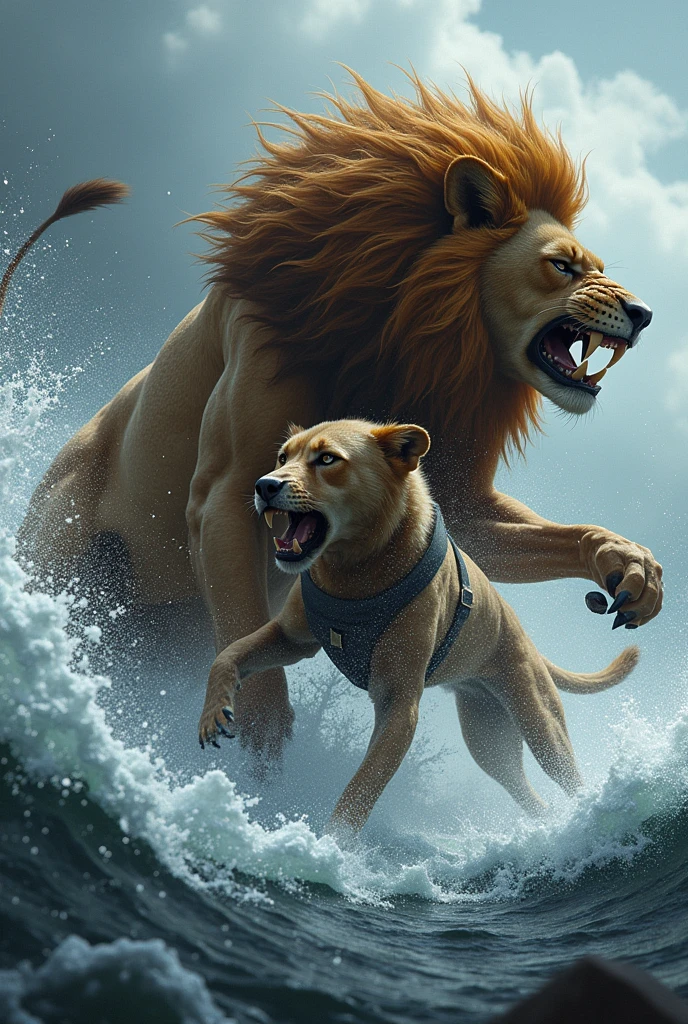 A dog and lion fighting IN sea dangerous fight