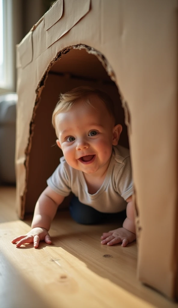 Create UHD photorealistic realistic photo, no animation, no 3D image, no Pixar style animation, no extra fingers. 15-month-old French-Greek boy named Milo, crawling through a homemade cardboard fort. Fujifilm GFX 100S with 32-mm f/4 lens. Soft, indoor lighting. Candid family moment style.