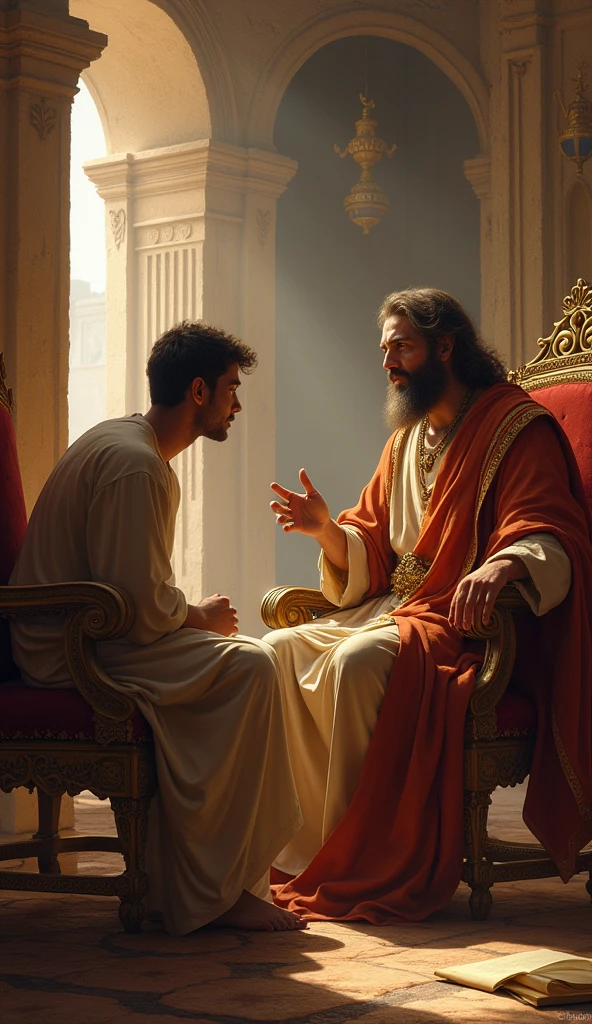 Create a realistic image that depicts King Solomon, with a wise and welcoming expression, sitting on a majestic throne in an ancient palace setting. He is advising a young man, that demonstrates curiosity and respect. The young man must be wearing simple clothes, while Solomon wears ornate royal robes. Ao fundo, elements that refer to wealth and wisdom can be seen, like parchment, old books and gold objects. A soft light illuminates the dinner, highlighting the interaction between Solomon and the young man, symbolizing the passage of knowledge and wisdom.