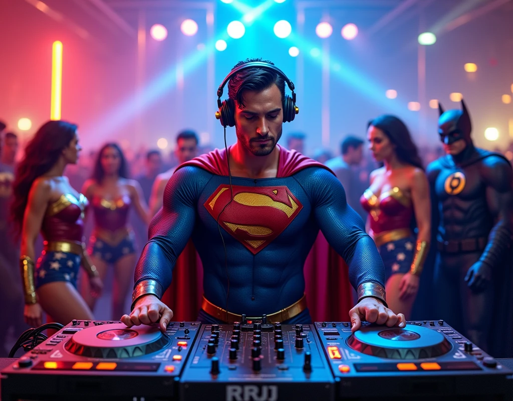 A DJ dressed in a realistic Wonder Woman costume , emblem on the chest, is positioned in a modern DJ booth. He is wearing a large headset over his head, focused on mixing music, with an expression of concentration and enthusiasm. Ao redor dele, on a dance floor lit by pulsating lights and colored lasers, other superheroes are enjoying the party. There is a Wonder Woman dancing in her red costume, dourado e azul; a Batman in a mask and black cape, Leaning casually against a wall; and a Flash in his red and gold costume, talking animatedly with a Green Lantern. The atmosphere is full of energy, with heroes blending into the crowd, some dancing, others taking pictures, everyone celebrating in a lively and vibrant environment . The lighting highlights the figure of DJ Superman, with rays of blue and red light creating a dramatic and festive effect.