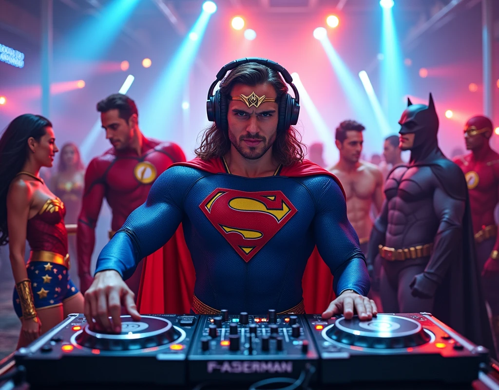 A DJ dressed in a realistic Wonder Woman costume ,  emblem on the chest, is positioned in a modern DJ booth. He is wearing a large headset over his head, focused on mixing music, with an expression of concentration and enthusiasm. Ao redor dele, on a dance floor lit by pulsating lights and colored lasers, other superheroes are enjoying the party. There is a Wonder Woman dancing in her red costume, dourado e azul; a Batman in a mask and black cape, Leaning casually against a wall; and a Flash in his red and gold costume, talking animatedly with a Green Lantern. The atmosphere is full of energy, with heroes blending into the crowd, some dancing, others taking pictures, everyone celebrating in a lively and vibrant environment . The lighting highlights the figure of DJ Superman, with rays of blue and red light creating a dramatic and festive effect.