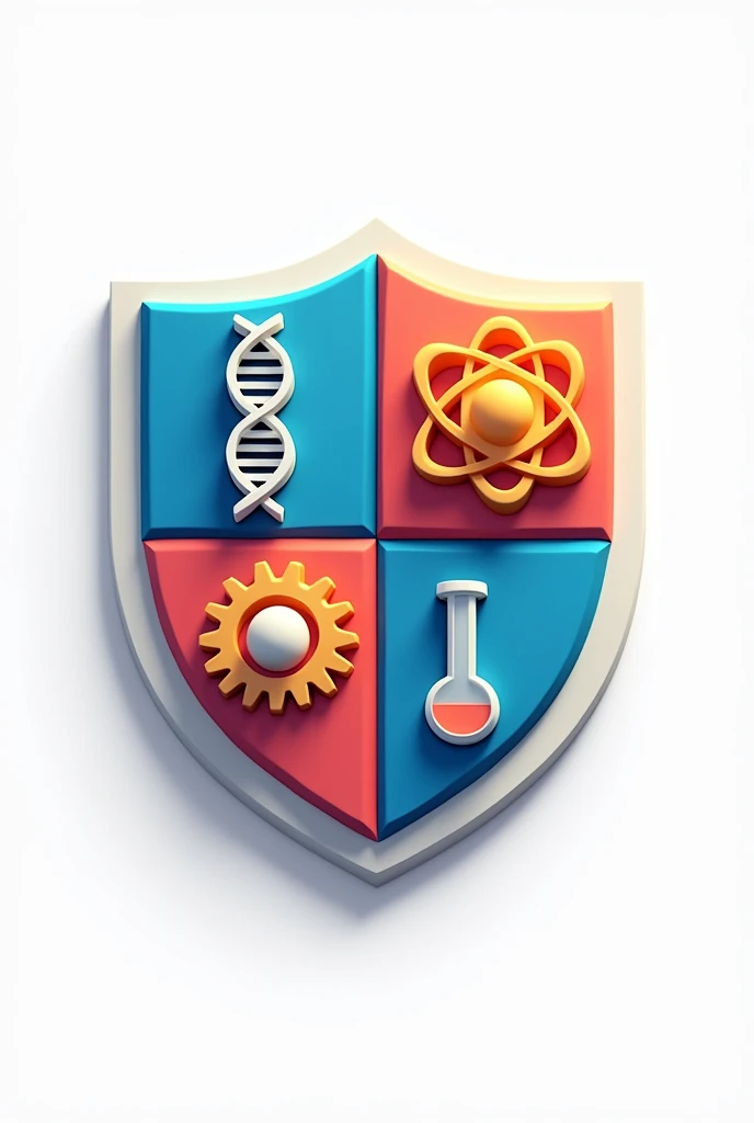 Science club logo, shield, with dna, gears, atom, and science experiment tube divided into four boxes 3d logo, white background, clear logo and cute