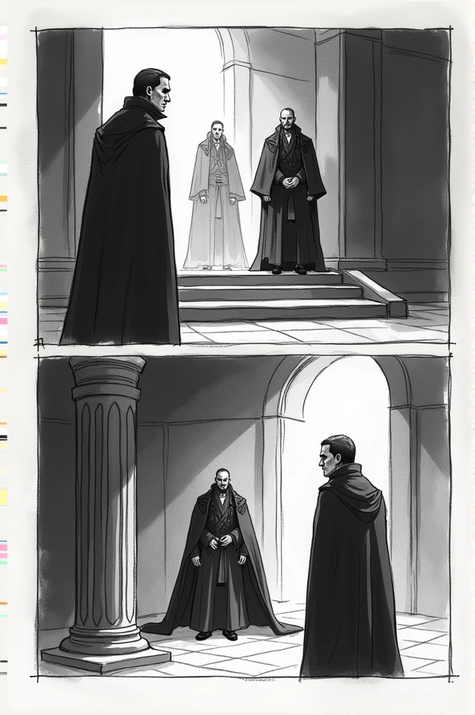 Draw a very simple hand drawing of a storyboard of this story in black and white 
Scene 2: Introduce The vallain

- Low-angle shot of Villain making him appear menacing
- 
- Action: Villain talking to his men
- 
A Close-up of Villain's face, showing his ruthlessness