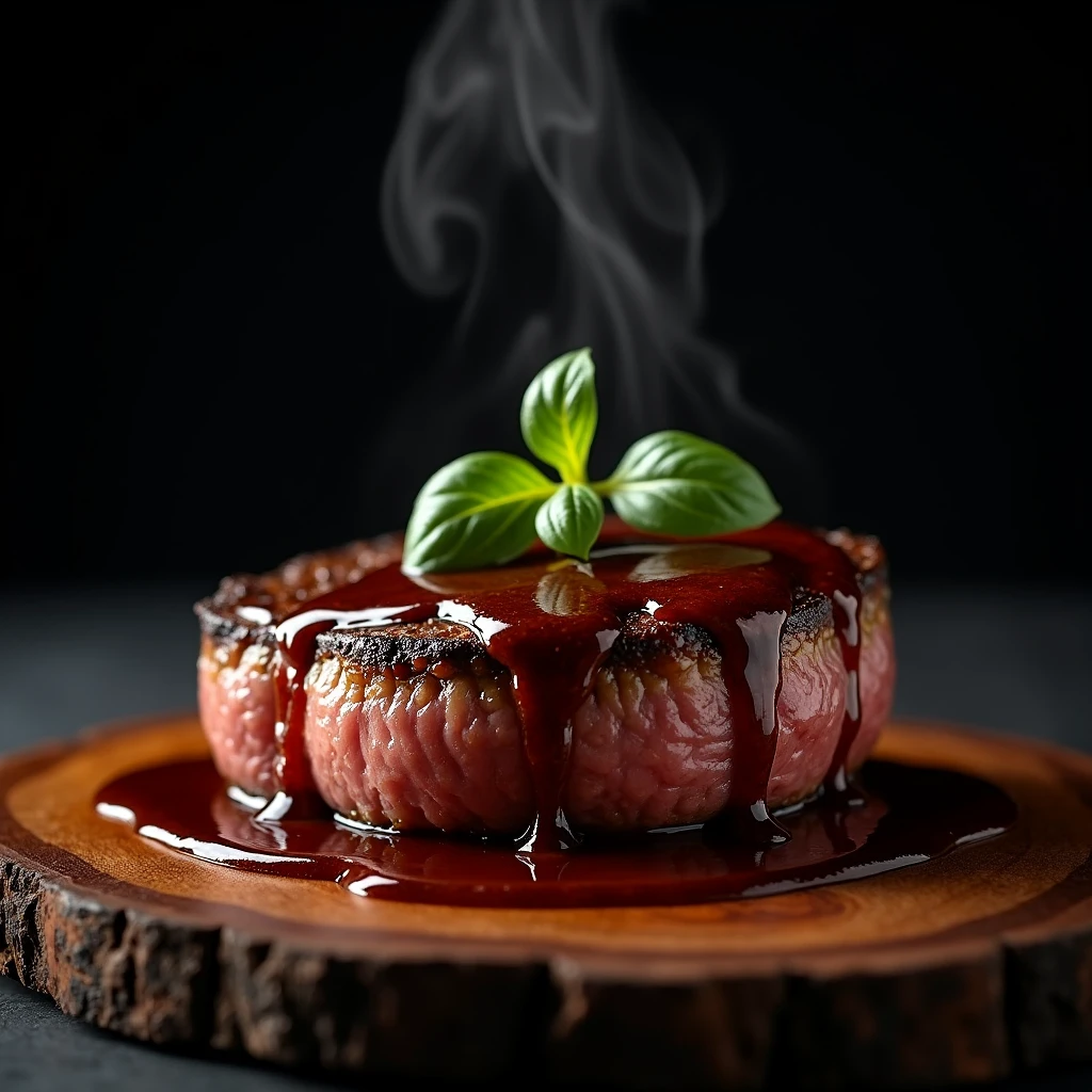 Steak recipe clean picture realistic food, steaming hot, peppercorn sauce on top of the steak and dripping off the side of the steak, on rustic wood floor, placed on a dark background, medium contrast