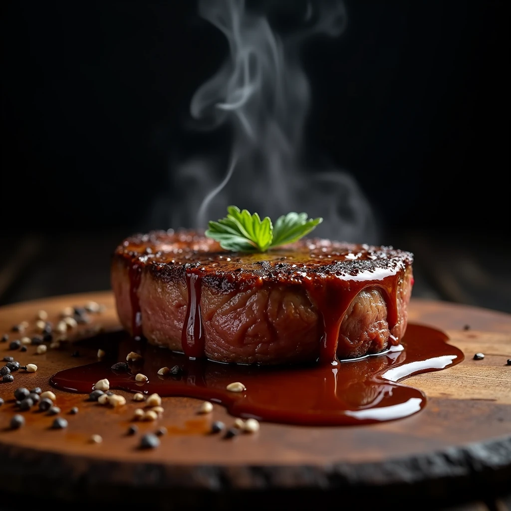 Steak recipe clean picture realistic food, steaming hot, peppercorn sauce on top of the steak and dripping off the side of the steak, on rustic wood floor, placed on a dark background, medium contrast