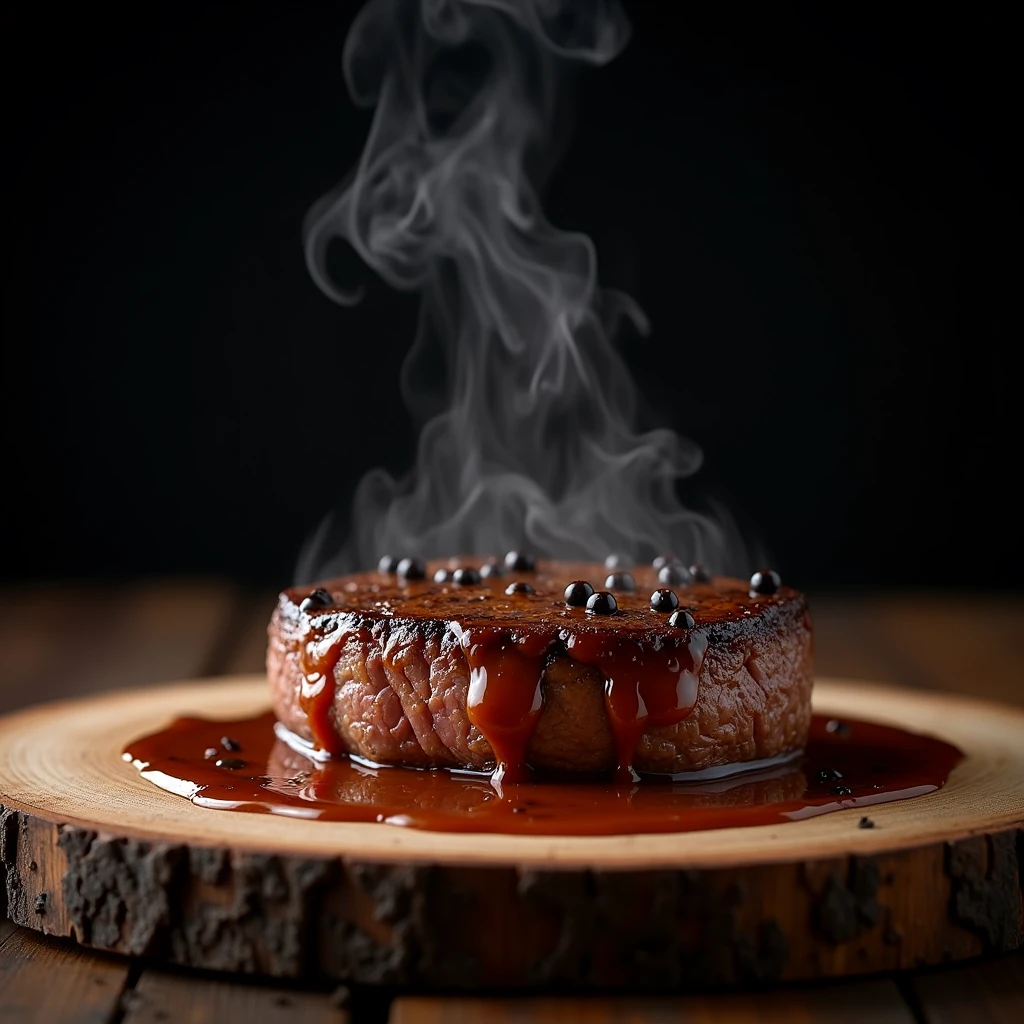 Steak recipe clean picture realistic food, steaming hot, peppercorn sauce on top of the steak and dripping off the side of the steak, on rustic wood floor, placed on a dark background, medium contrast
