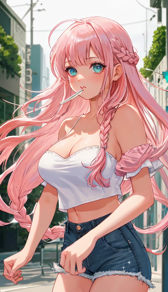 Food, High resolution, Shortcuts, Shortcuts, Very long hair, Braid, Large Breasts, pout, solo, Pink Hair,White tube top,Denim shorts,,Touching your hair,Sparkle Effect,ハートエフェクト solo,