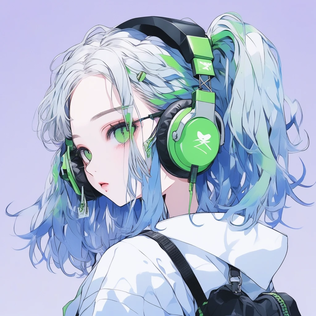 ilustrador, Japanese cartoons , Practical ,sketch , 1 girl, ,Lips, summer,Short sleeve，Order, Blue gradient background, Neon hair,Texture decoration, Canada, (masterpiece,best quality) glycerin,she is wearing black, square-shaped headphones around his neck, with the Marshall logo on them.masterpiece, ultra detailed, 8K, solid blue Skyscrapers background, full body shot, Angle looking up from below.happy, a girl, kawaii, light atmosphere, mysterious atmosphere, (Cute a girl:1.5), (a girl with closs hair pin,pale purple hair,low-twintails,blunt bangs hair,green and black eyes,
Loose and fluffy fashion,,fullbody shot :1.4), small breast,slim, expressionless,