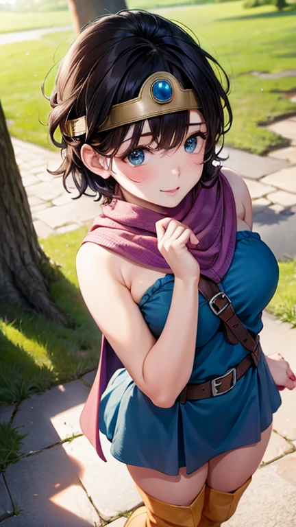 ((masterpiece:1.4)), (High resolution:1.4), Standing on the grass, Sexy pose, One girl:1.5, alone, outside, internal (dq3), One girl, alone, short hair, Brown Hair, blue eyes, Circlet, Muscular、Strapless, Blue clothes, Purple Cape, Knee socks, Elbow hand pockets, boots, belt, sheath, knee boots, Beautiful smile, Beautiful Face, Highly detailed face, Highly detailed eyes, Highly detailed skin, Skin pores, Realistic pupils, Blush all over face, Fuller lips, (Perfect Anatomy:1.1), (Perfect Proportions:1.1), (photograph:1.1), (photoRealistic:1.1), Volumetric lighting, Dynamic Lighting, True Shadow, (High resolution:1.1), Sharp focus, Dawn, (Realistic, hyperRealistic:1.4), Complex, Attention to detail, dramatic, Scattered beneath the surface, Large depth of field, Vivid, Polished, Honed, ((Full Sharp)), (Very absurd),16k hdr,