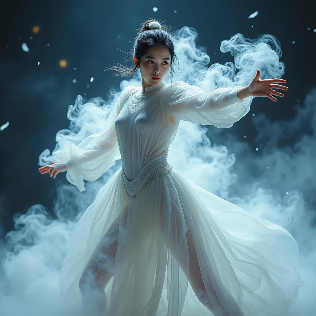 A picture of a futuristic sci-fi armor made of smoke,Asian Beauty,Star Warrior,Shooting stance,Art Photography