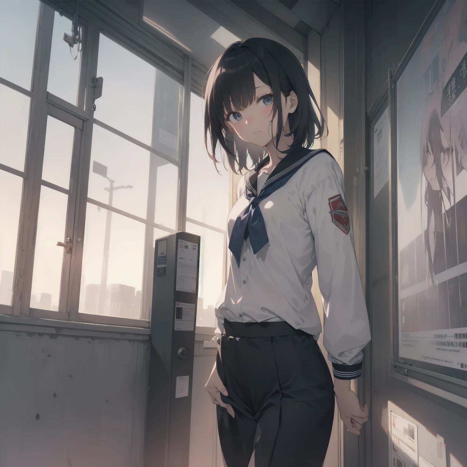 ultra-absurdres-Top quality by artist God, ultra-detailed, high resolution, anime moe artstyle, best anime 8k konachan wallpaper, pixiv contest winner, pool:2810, perfect anatomy,break, 1girl, (Please draw a girl walking sleepily to school alone. )break,(Solo,little female,15yo:1.3),Full limbs, ,a junior high school student, (very short hair), short cut, flat chest, , small butt, small black eyes, beautiful detailed eyes, well-proportioned iris and pupils, expressive eyes, highres detailed hair, soft expression, salor school_uniform, sailor collar, serahuku, bow, pleated skirt,(Detailed Lighting), (Detailed background), in the School commute route. break,super detailed skin, Best cinematic lighting powered by famous artist, 8k,beauty illustration,photoshop_(medium),very aesthetic,break,((artist:takeuchi_takashi )), artist:clamp ,artist:carnelian ,artist:kantoku ,
