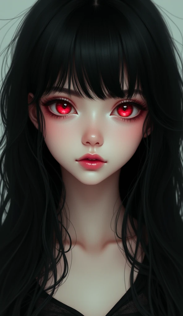 gorgeous young woman: long black hair with full bangs on forehead: Red iris eyes: very white skin: age 19 years, social realism,