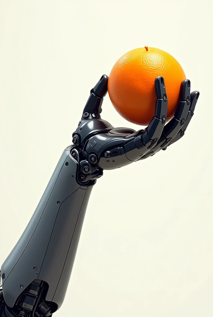Visual Concept, bionic arm, robotic parts and skin tissue, Focus on the arm, hand with the movement of grabbing an orange, design vectorial