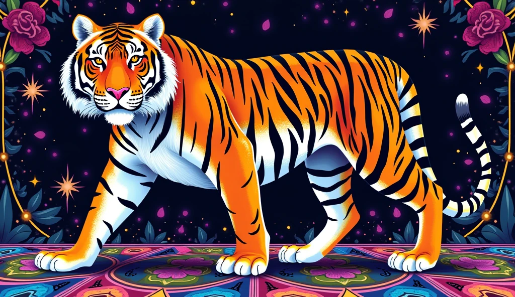 a colorful, a tiger standing on top of a black background, tiger detailed, art nouveau Klimt inspired, full body, face detailed, high contrast coloring, coloured with lots of colour, coloring book page, psychedelic, colouring colored in, perfect coloring,full of colors and rich detail, bright colors, highly detailed, colourful , neon coloring, detailed art in color, coloring book style, highly intricate and colorful, Delicate black line pattern, Intricate pattern, Detail part, Dynamic, Intricate pattern, Detail part, Dynamic pose, Detailed background, Dynamic light, personalize d6adrx --stylize300 --