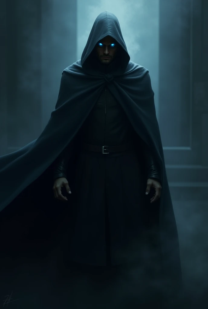 Man with a cape and hood, You can't see his face except for some very intense blue eyes., This man is in darkness