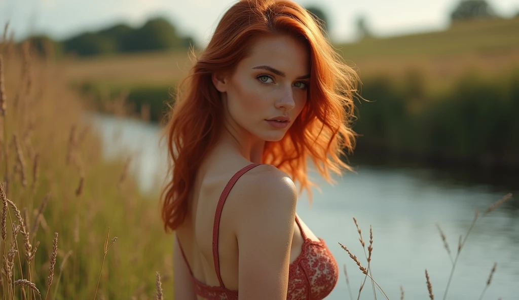 Portrait d'une rousse de 30 ans, petites fesses, dressed in'une nuisette transparente en dentelle , immersed in a lake, seduction, Sunset light, cinematic rendering, 32K