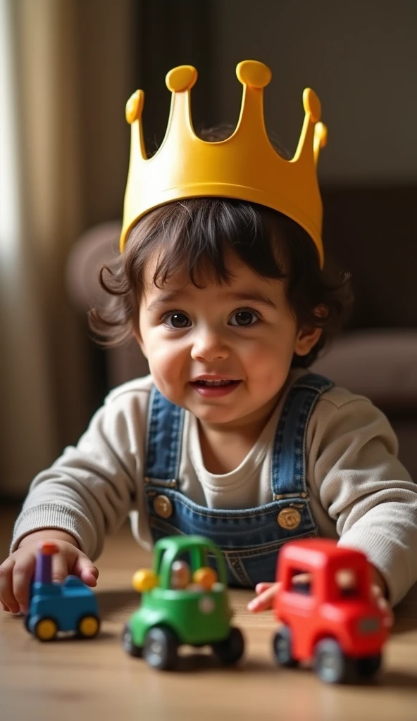 Create UHD photorealistic realistic photo, no animation, no 3D image, no Pixar style animation, no extra fingers. 36-month-old French-Arab boy named Maxence, wearing a makeshift crown, orchestrating a silly prank with his toys. Sony A7R IV with 70-200mm f/2.8 lens. Soft, indoor lighting. Humorous family portrait style.
