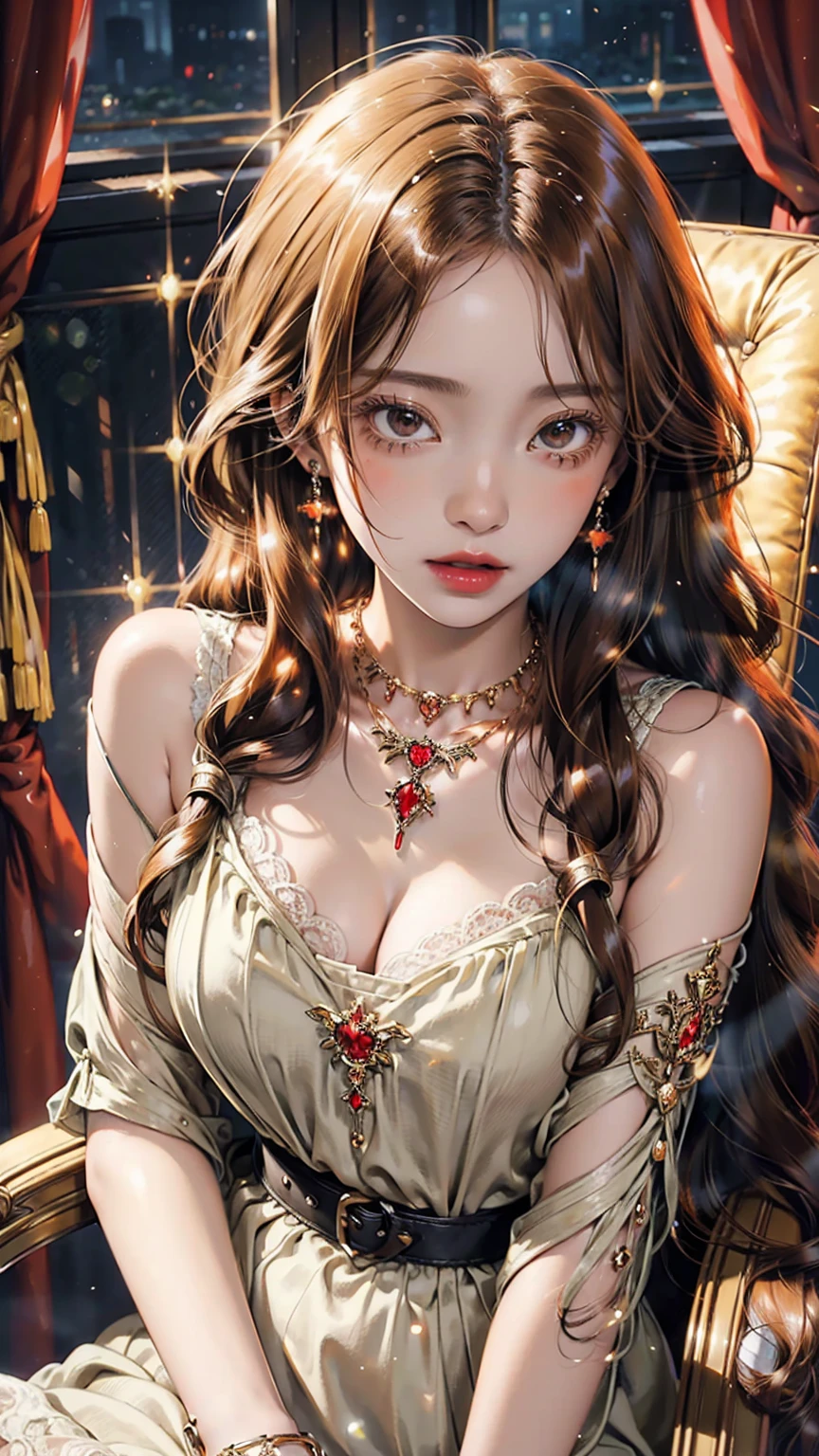 ((best quality)), ((masterpiece)), ((Romance Fantasy)), ((illustration)), (detailed), (clear), (Perfect), 1 woman, mature, upstage, expressionless, long orange curly hair, tanned skin, Vermilion eyes, abundant eyelashes, Twinkle-free, red lips, big bust, small waist, lace dress, Diamond necklace, Sitting on a fancy chair, The action of drinking coffee
