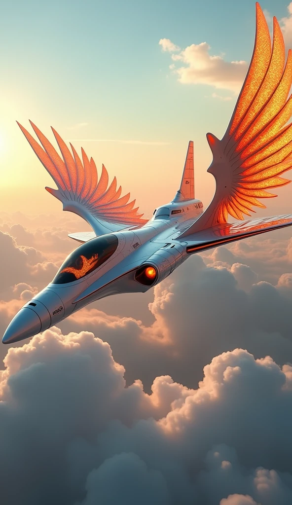 a phoenix airplane macha from white metal, soaring on the sky, metal reflection body, cinematic lighting, spreading the wings and gliding, gliding pose, glowing orange eyes, glowing steel orange wings, glowing steel orange tails, iron claw, bright color, morning glory cloud background, highly detailed, futurism, sci-fi theme