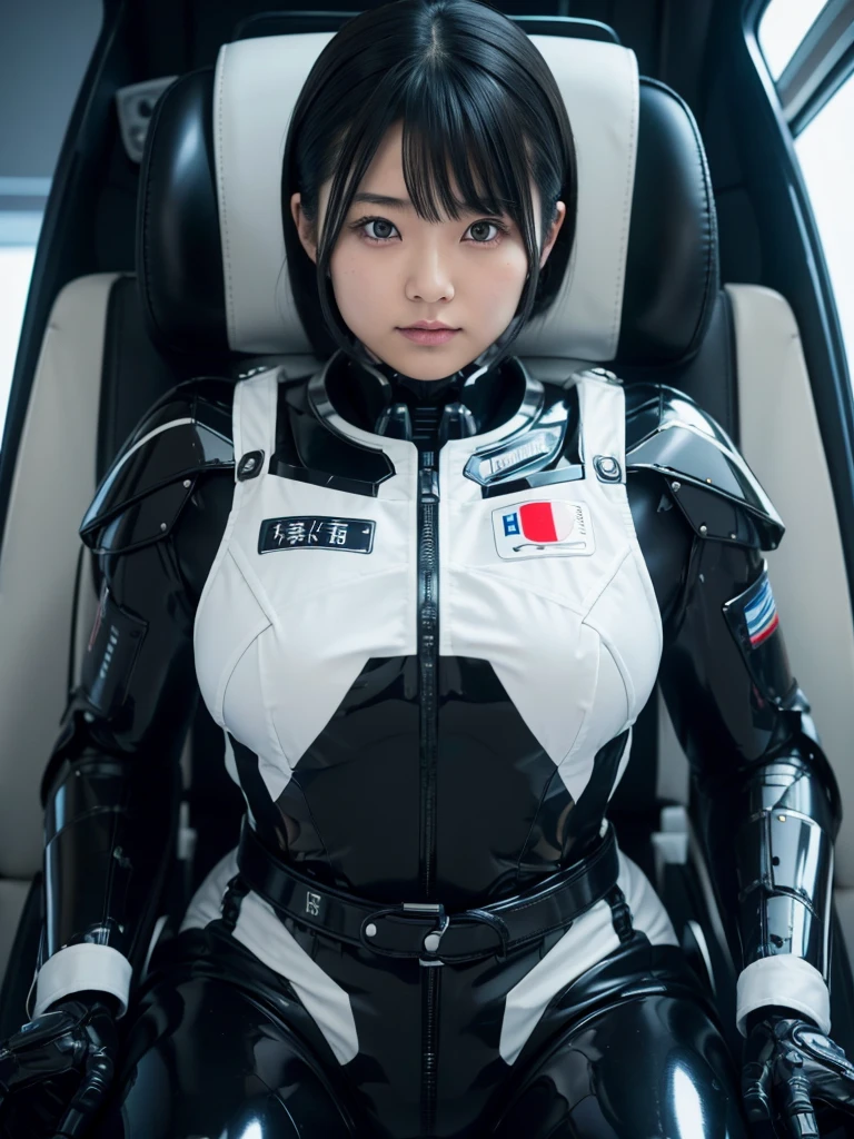 Japanese women,Black Hair,Machine cockpit,Control panel,Secured to the seat with a thick belt,Plump,Slightly thicker,Squat,Black and white robot suit,