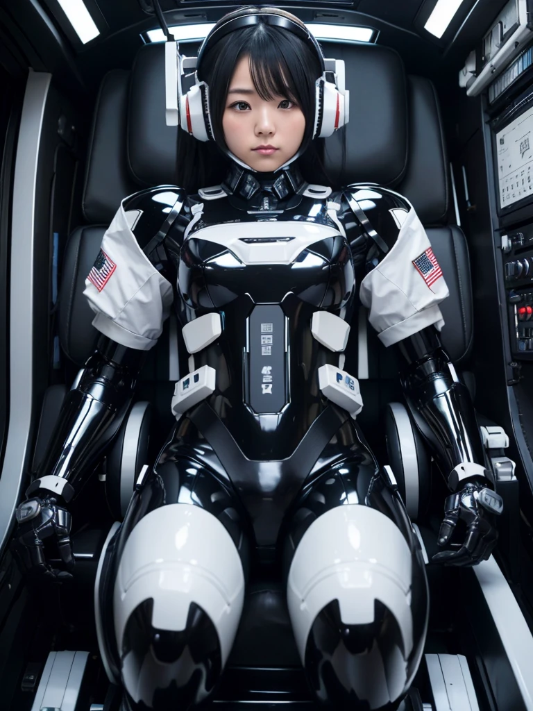 Japanese women,Black Hair,Machine cockpit,Control panel,Secured to the seat with a thick belt,Plump,Slightly thicker,Squat,Black and white robot suit,