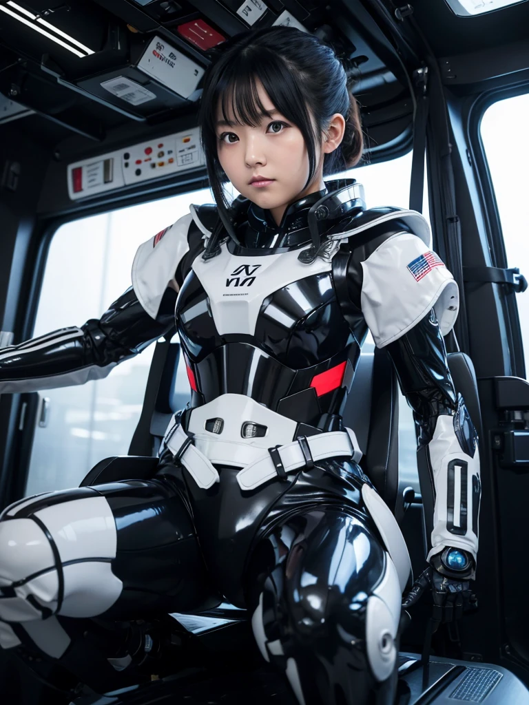 Japanese woman in a black and white robot suit,Plump,Squat,