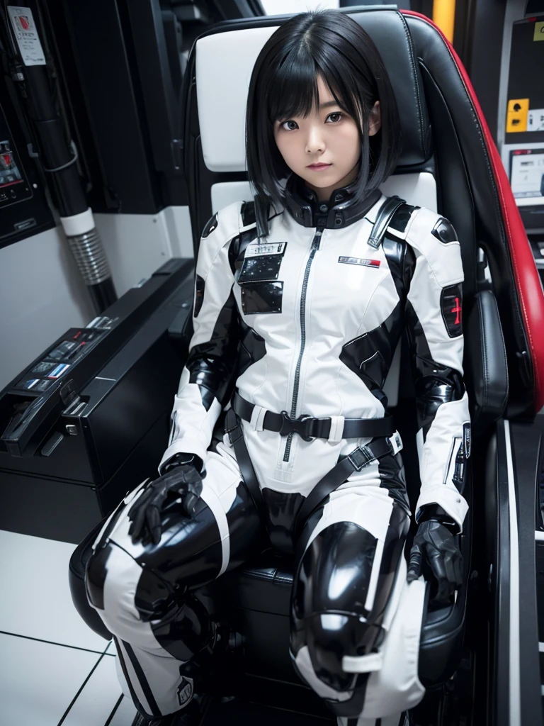 Japanese women,Black Hair,Machine cockpit,Control panel,Secured to the seat with a thick belt,Plump,Slightly thicker,Squat,Black and white robot suit,