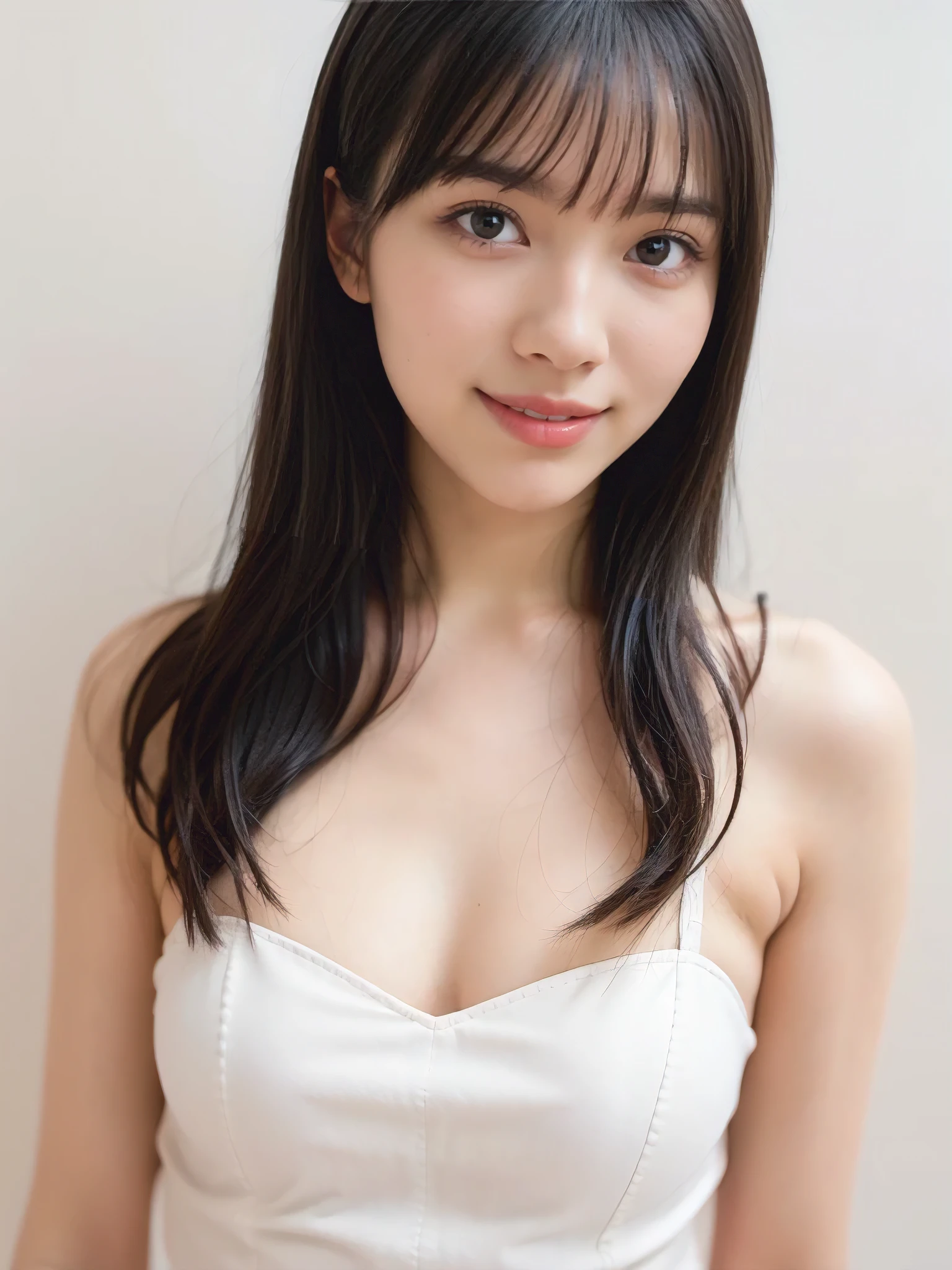 1girl, 25years old woman, (perfectly detailed face), Slim body, Small breasts, medium breasts, ((looking at viewer)), Simple Background, ((white background)), ((white wallpaper)), White skin, (bright lighting:1.2), perfect lighting, light smile, photorealistic, (bokeh), UHD, anatomically correct, highres, masterpiece