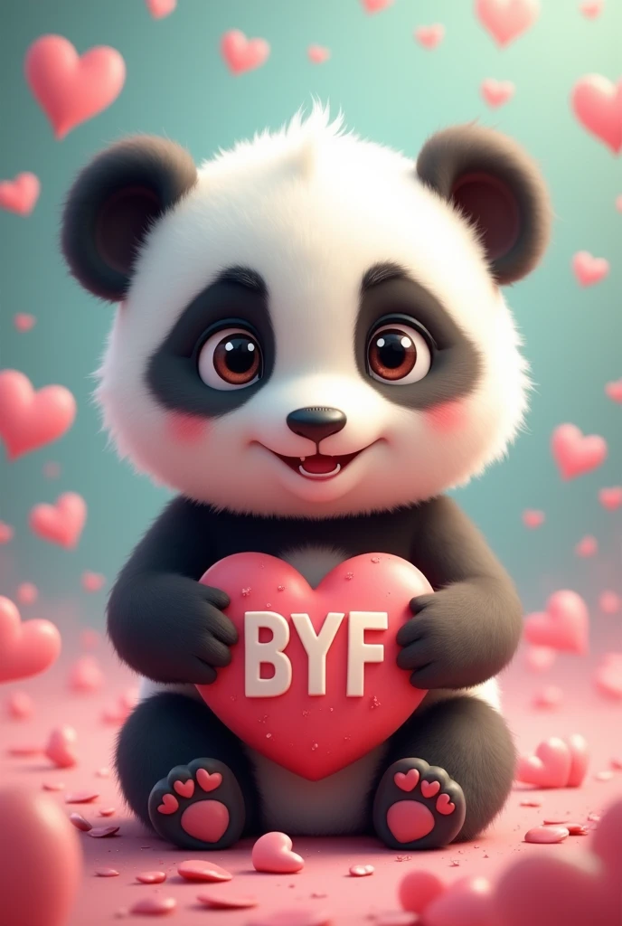 Cute baby panda with winged hearts background holding a heart that has the letters ByF in uppercase and the letter y in lowercase inside,