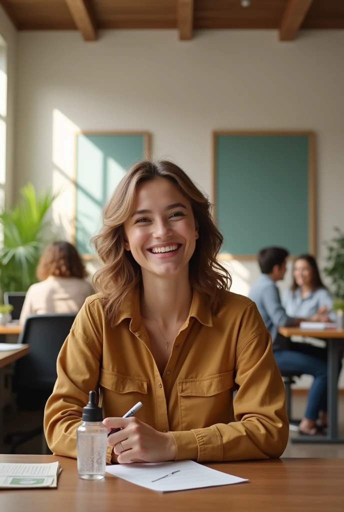 (photorealism:1.2), Depict a person in a fulfilling job they love, surrounded by a happy work environment. Include symbols of a modest salary, such as a small paycheck or a simple lifestyle, emphasizing contentment over wealth."
