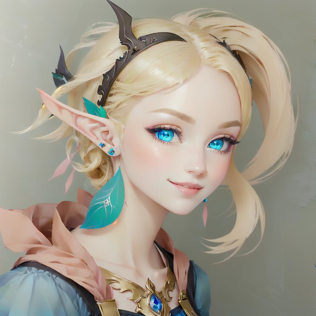 A blonde girl with blue eyes and ears is wearing a blue dress, Highly detailed characters, (((gone crazy))) Elf Princess, Elf Girl, Ultra-detailed fantasy characters, Has a very detailed face, Close-up Character, elven character with smirk, Female Elf, Pink pigtails and cyan eyes, Elf Princess, Profile portrait of Elven royalty