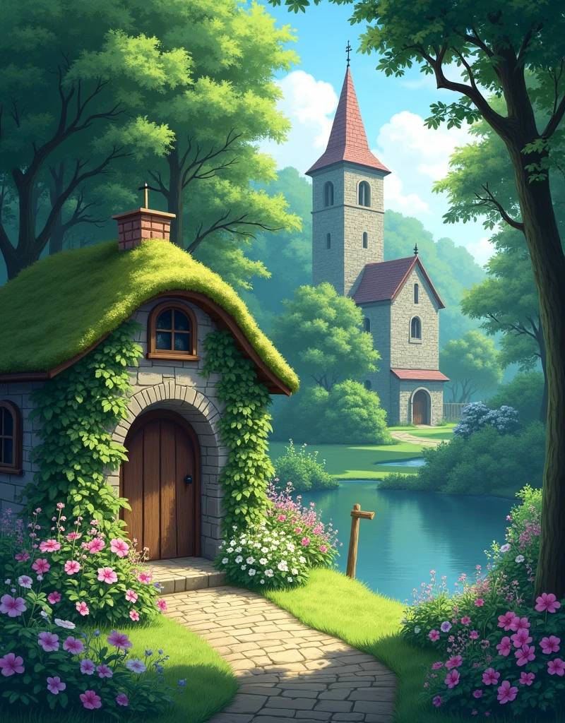 Create an anime-style illustration of a serene and enchanting medieval village nestled in a lush, green forest. The scene should feature a winding cobblestone path covered with patches of moss, leading to a quaint stone cottage with a wooden arched door, partially covered by climbing ivy and blooming wildflowers. The roof of the cottage is moss-covered, blending harmoniously with the surrounding greenery.
In the background, include a tall, old stone church with a pointed steeple, topped with a cross, rising above the dense canopy of trees. The church is partially shrouded in a light mist, giving it a mysterious and mystical appearance. Surround the village with a variety of vibrant flowers and foliage, with gentle ripples in a calm pond reflecting the greenery and sky above.
Soft, diffused sunlight filters through the leaves of the towering trees, casting dappled light and shadows across the scene, enhancing the tranquil, fairytale-like atmosphere. The color palette should be rich in greens, with touches of pink, purple, and white from the flowers, and soft, muted grays for the stone structures. Add a gentle, whimsical feel to the illustration, capturing the essence of a peaceful, hidden village in a fantasy setting.