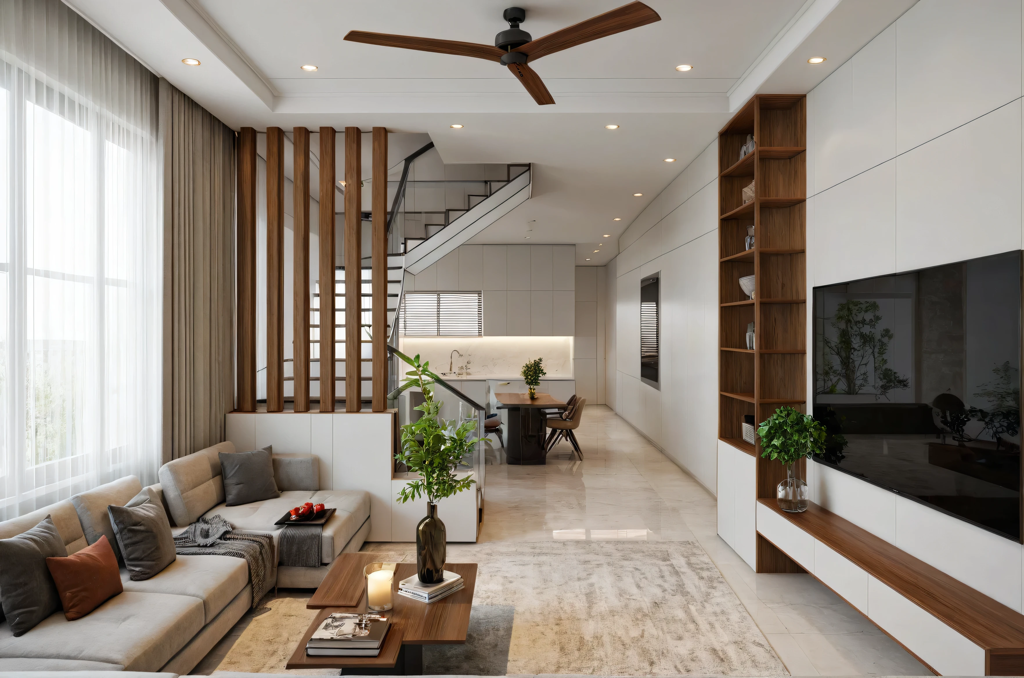 (RAW photo, masterpiece, best quality,ultra-detailed, extremely delicate and beautiful, highresolution, best shadow:1.1), modern livingroom and kitchen, curtain, window, natural view, tv cabinet, Mable, reflective floor, (white wall), wine racks, wooden ceiling fan, white ceiling, plant and flower, interior lighting, wooden slats, realistic lighting