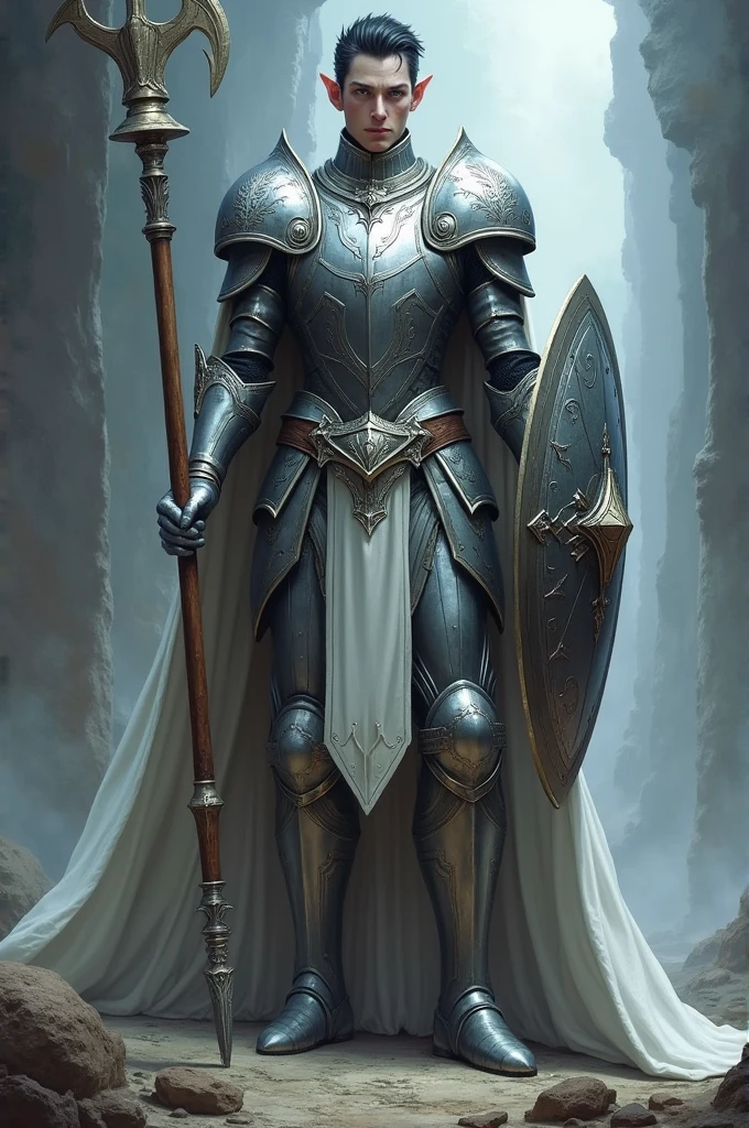 Tall Male elf, dark short hair ,pale skin ,dark blue eyes no beard with silver heavy armor , flail and tower shield