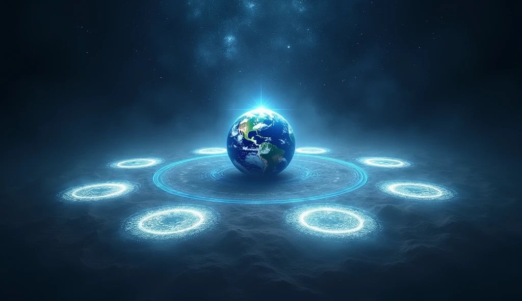 The Earth surrounded by seven glowing circles, each representing a judgment --ar 16:9