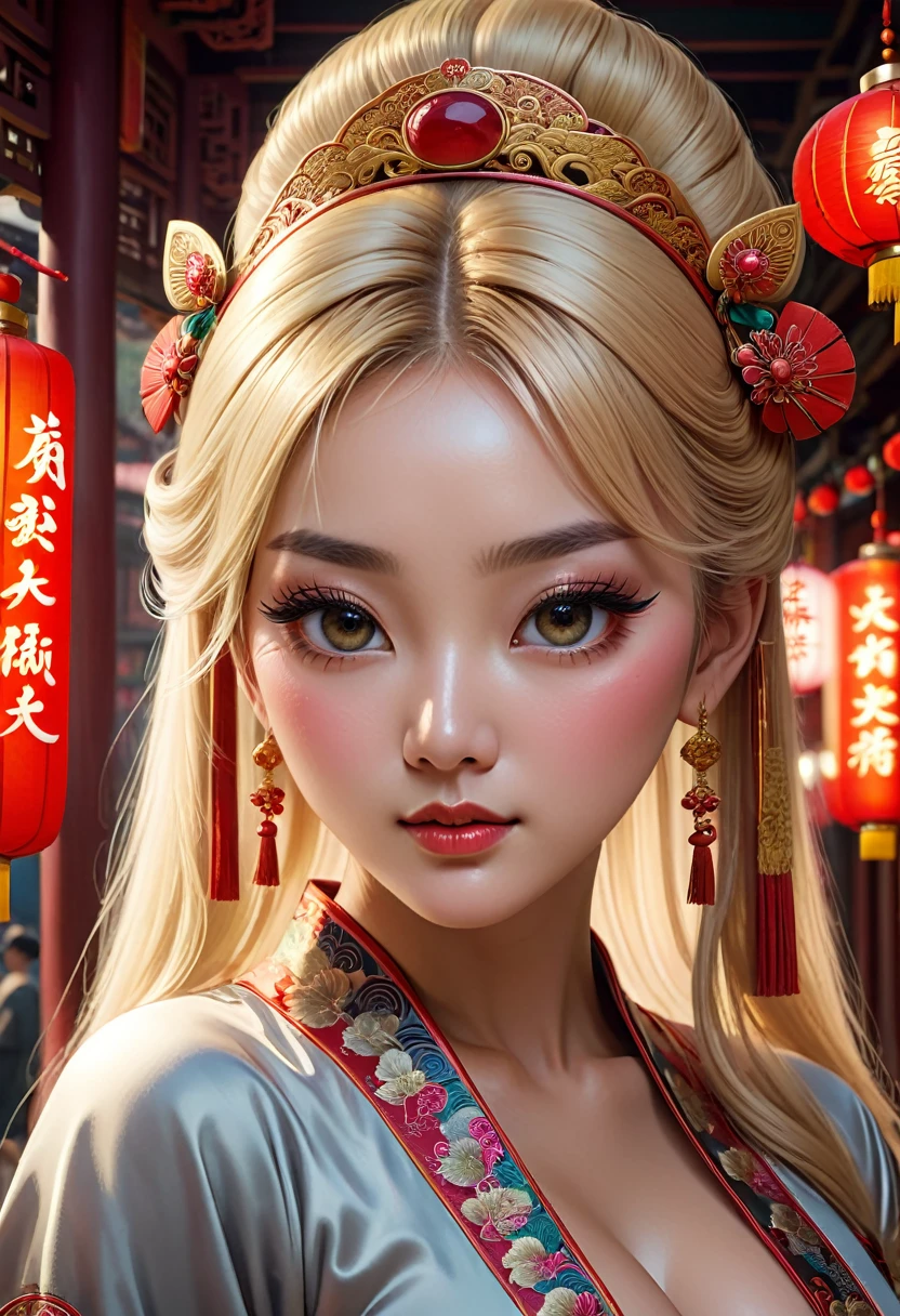 1 girl, blushing, blonde hair, headpiece, chinatown, chinese dress, large breasts, ribbon hair accessory, (best quality,4k,8k,highres,masterpiece:1.2),ultra-detailed,(realistic,photorealistic,photo-realistic:1.37),detailed eyes,detailed lips,extremely detailed face,long eyelashes,beautiful portrait,elegant,soft lighting,warm colors,intricate details,cinematic composition,fantasy,surreal