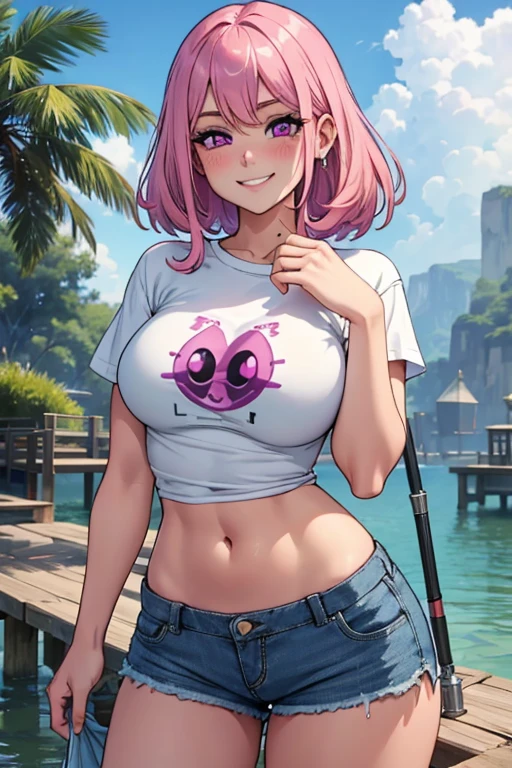 Perfect face. Perfect hands. A pink haired woman with violet eye and an hourglass figure in tight t-shirt and daisy dukes is fishing on dock with a blush and a smile