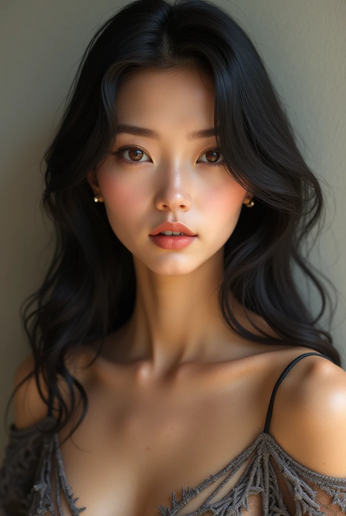 A girl with Chinese eyes but with a Latin feature and body, hazel skin tone, Dark hair straight and parted in the middle, thick lips, thick eyebrows, small nose, stomach 1.52 medium hips small chest