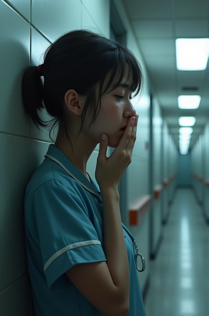 A nurse is crying on the corridor 