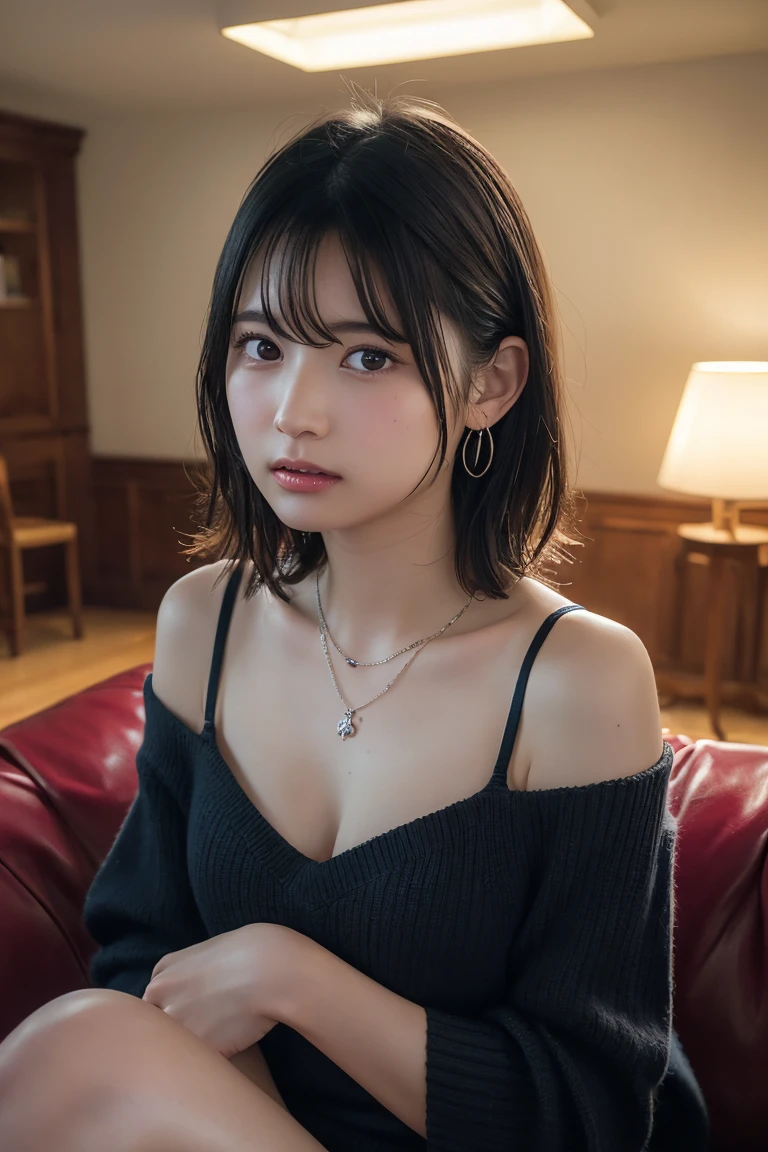 (Highest quality:1.4)，(masterpiece:1.4)，(Realistic:1.4)，(Realistic:1.2)，(超High resolution， RAW Photos:1.4)，(High resolution， Ultra-detailed:1.2)，(8k:1.2)，View your viewers，Cinematic photography，One person，skeletally correct，Black-haired woman，Woman in her early 20s，(Small earrings，necklace，Summer knit with bare shoulders)，（Western-style building interior，Dimly lit room，The lamplight shines on my cheeks，Sit on the sofa）