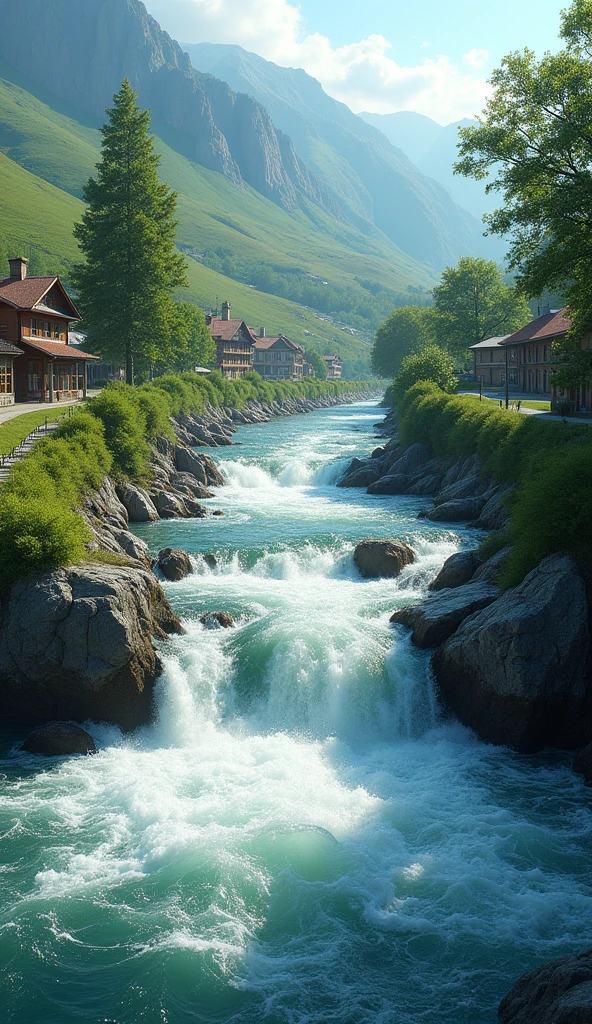 river with a fast current at the bottom of a hill outside of a small town