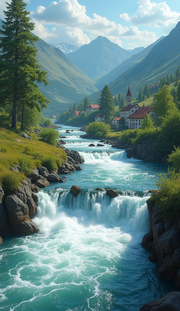 river with a fast current at the bottom of a hill outside of a small town