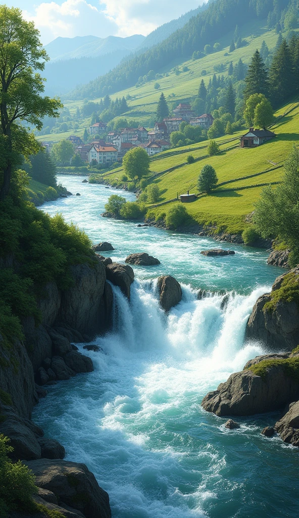 river with a fast current at the bottom of a hill outside of a small town